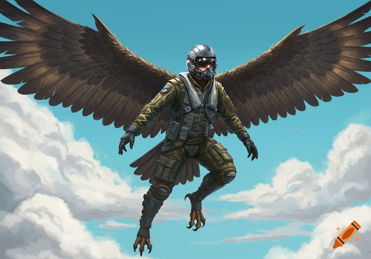 A winged fighter pilot with eagle talons and a helmet flies against a blue sky with white clouds.