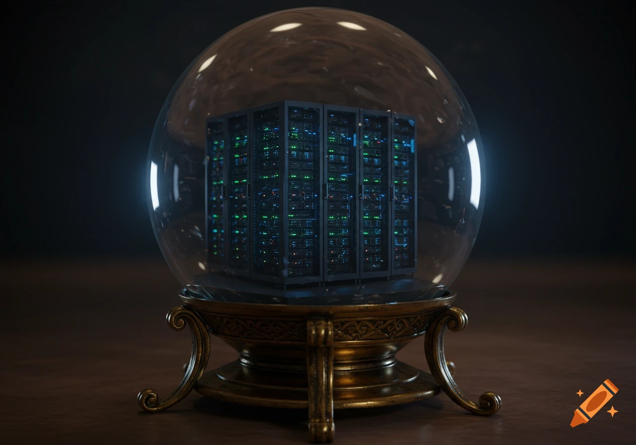 Photorealistic image of server racks inside a glowing crystal ball on a wooden surface.