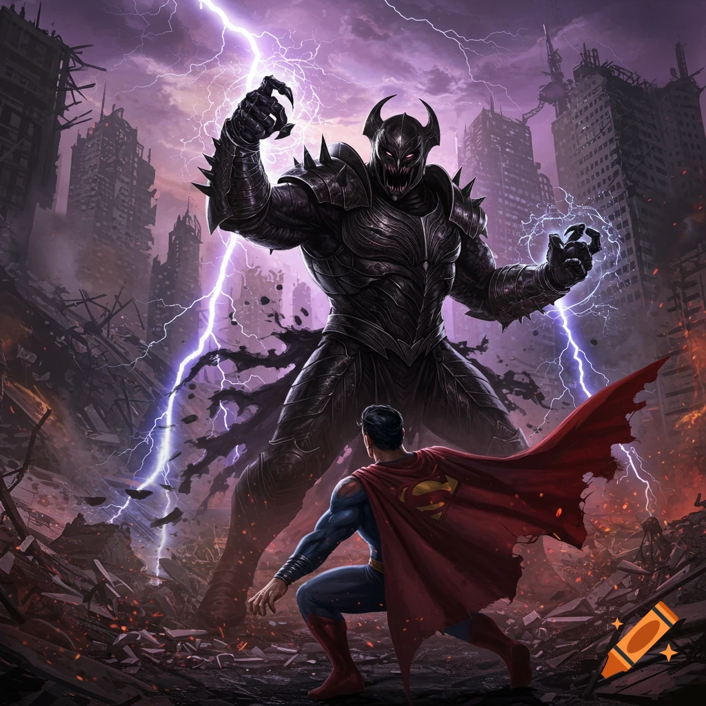 Superman battles a horned black monster amidst a destroyed city under a purple, lightning-filled sky.