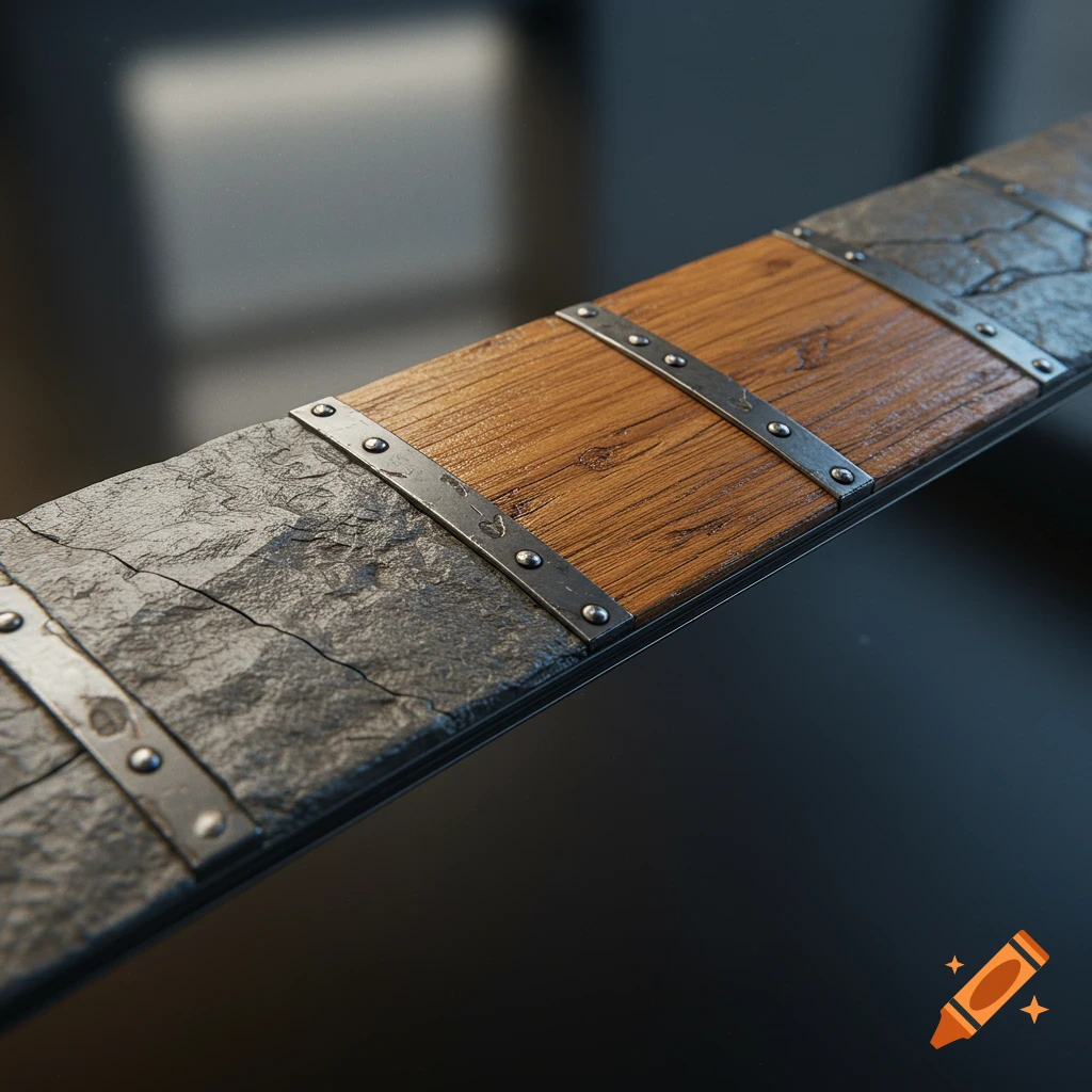 A detailed close-up of a material strip with rough stone, wood grain, and riveted metal straps.