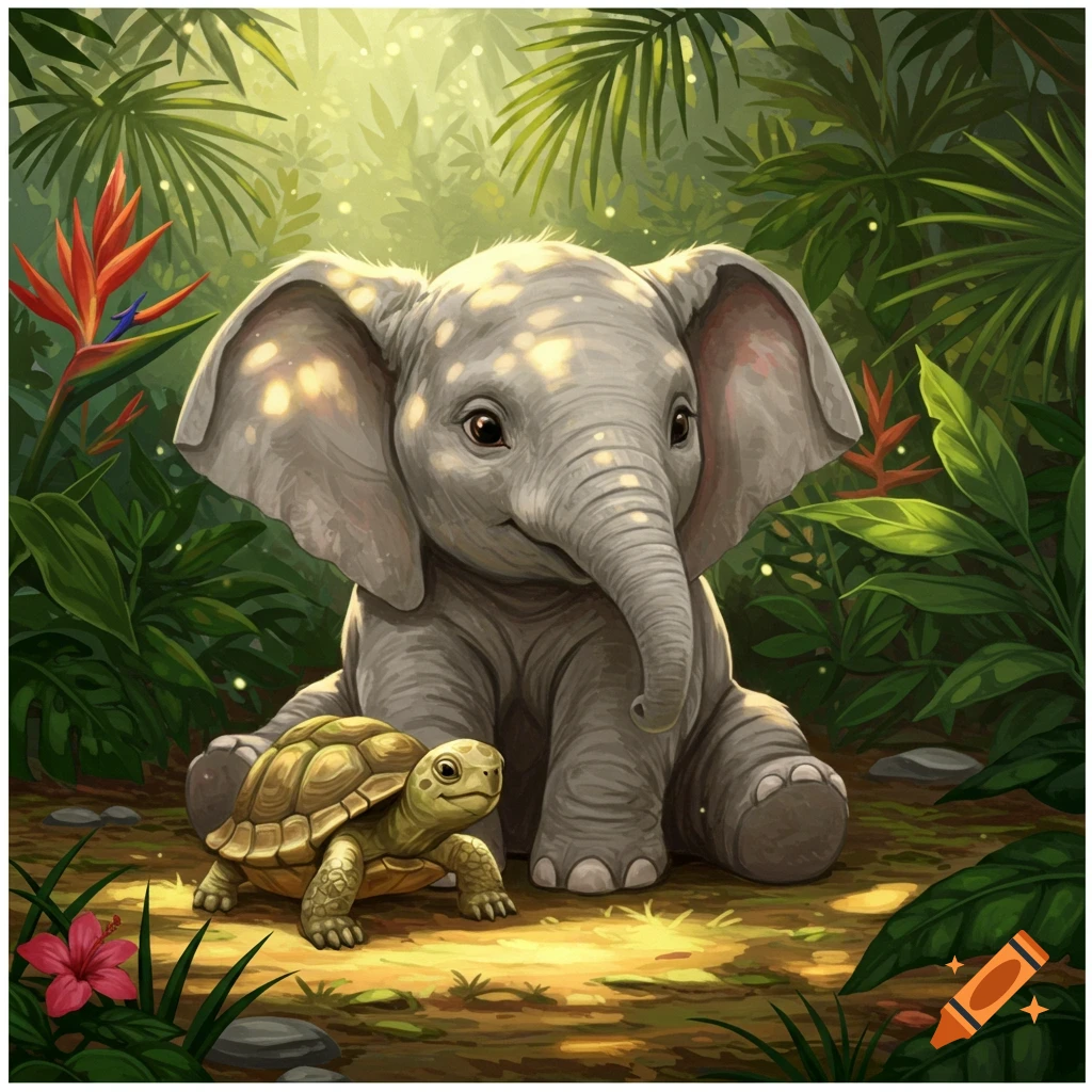 A cute baby elephant sitting next to a baby turtle in a lush, sun-dappled jungle illustration.