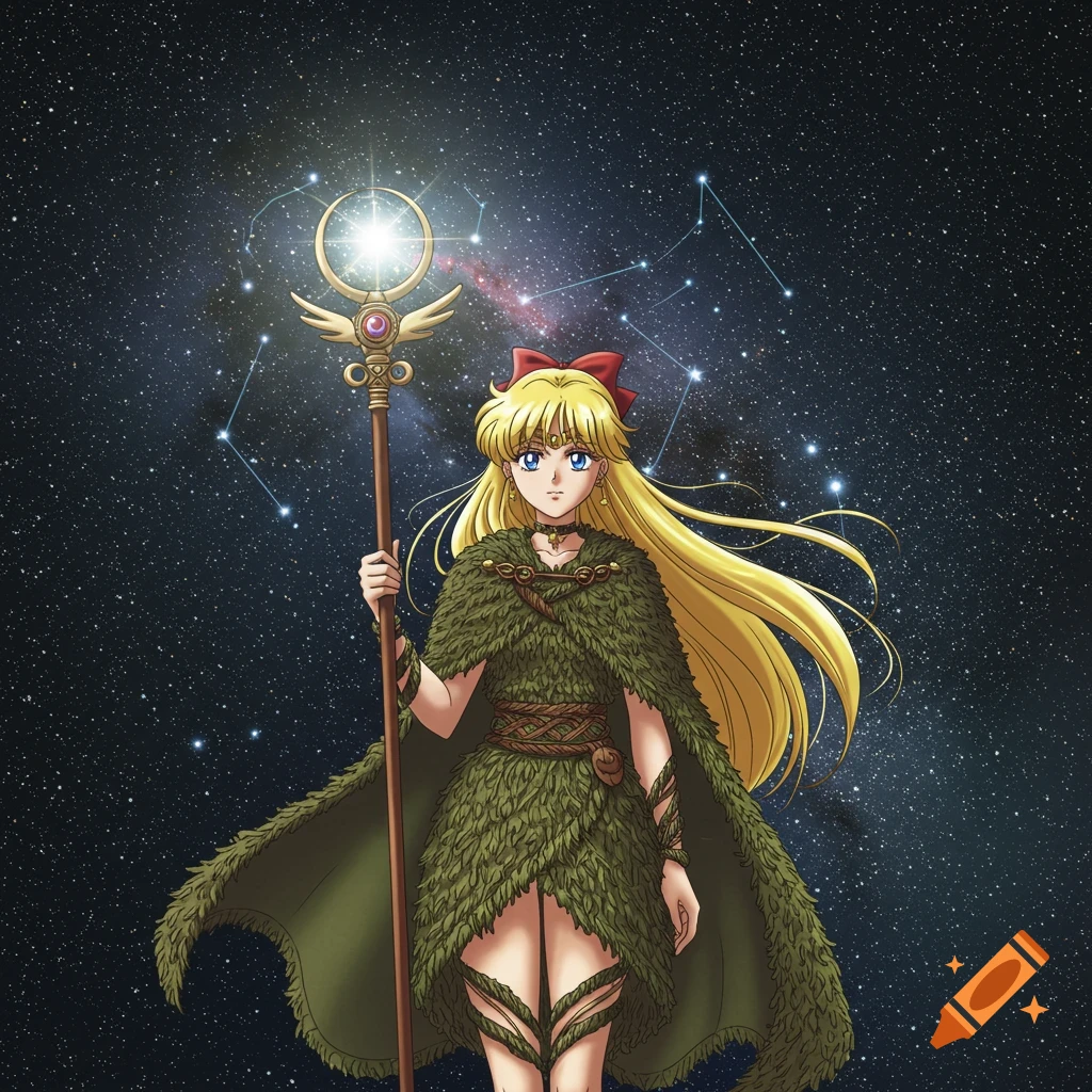 Anime character resembling Sailor Venus in a leafy, druidic cloak, holding a glowing staff against a starry night sky with constellations.