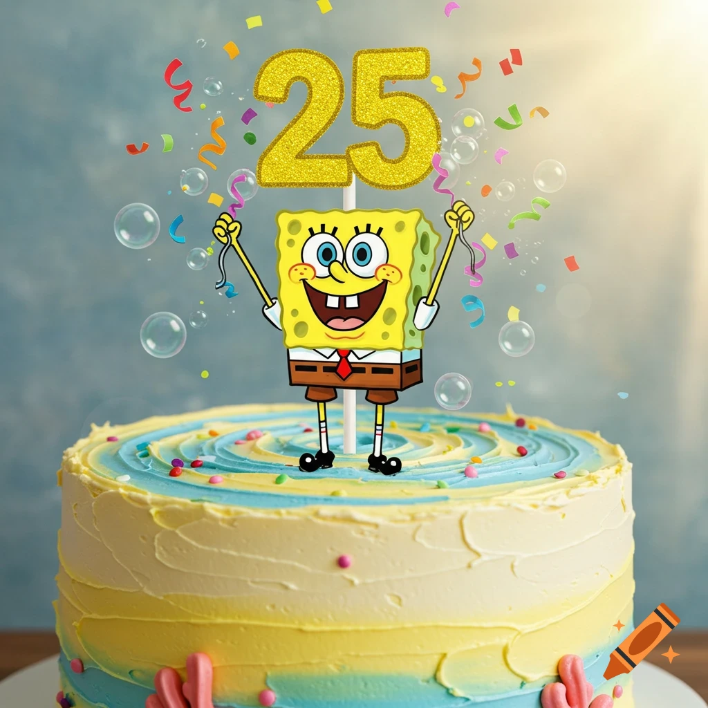 A yellow and blue birthday cake topped with a Spongebob Squarepants figurine and a glittery golden '25' candle, surrounded by colorful confetti and bubbles.