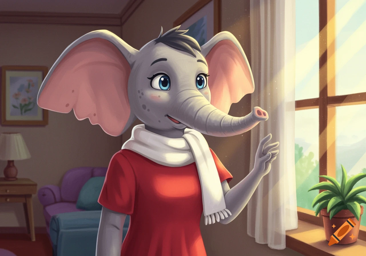 Cartoon elephant character with gray skin, pink ears, and a trunk, wearing a red dress and white scarf, smiling and raising a hand by a sunlit window indoors.