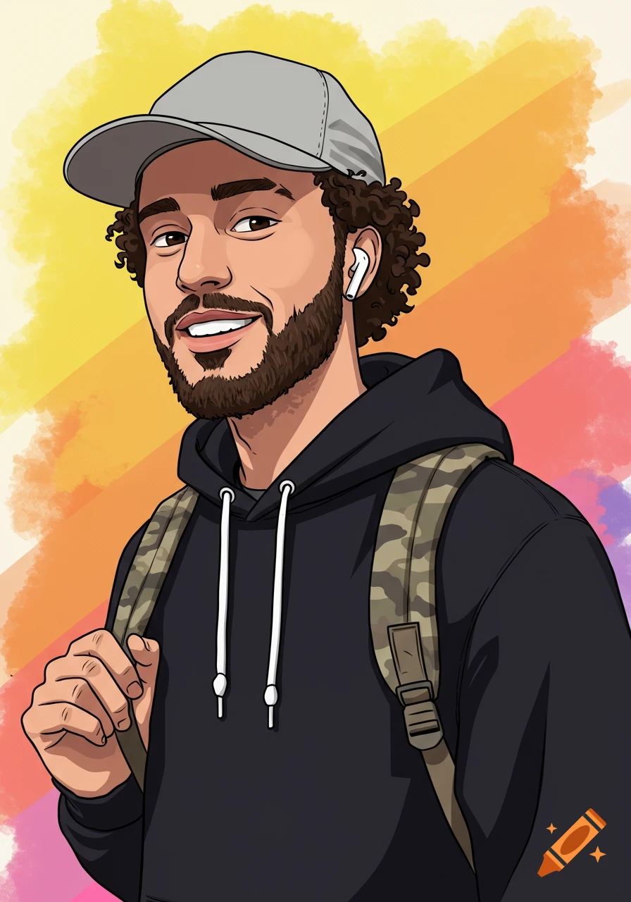 A cartoon portrait of a young man with curly hair and a beard, wearing a gray baseball cap, black hoodie, wireless earbud, and camouflage backpack, smiling against a colorful painted background.