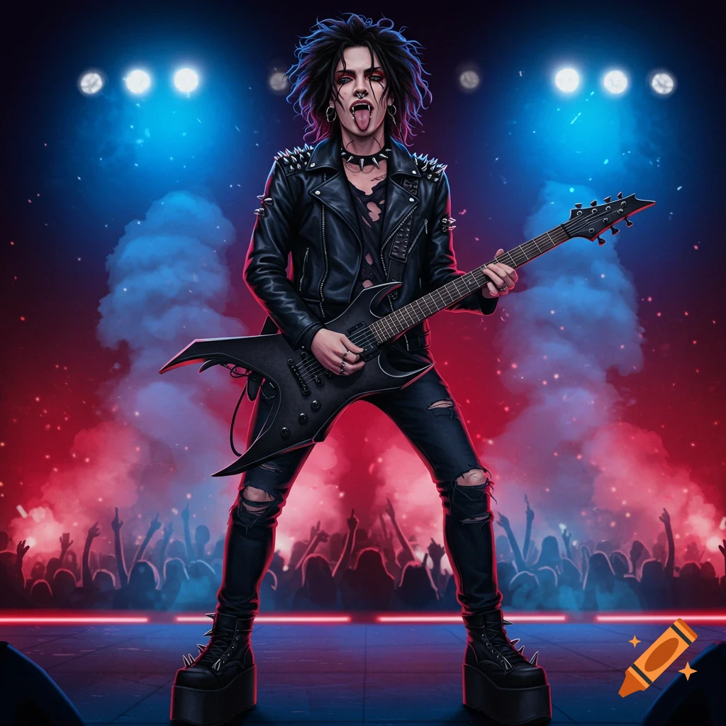 A male rock guitarist with piercings and a leather jacket on stage, playing an electric guitar in front of a crowd under red and blue lights.