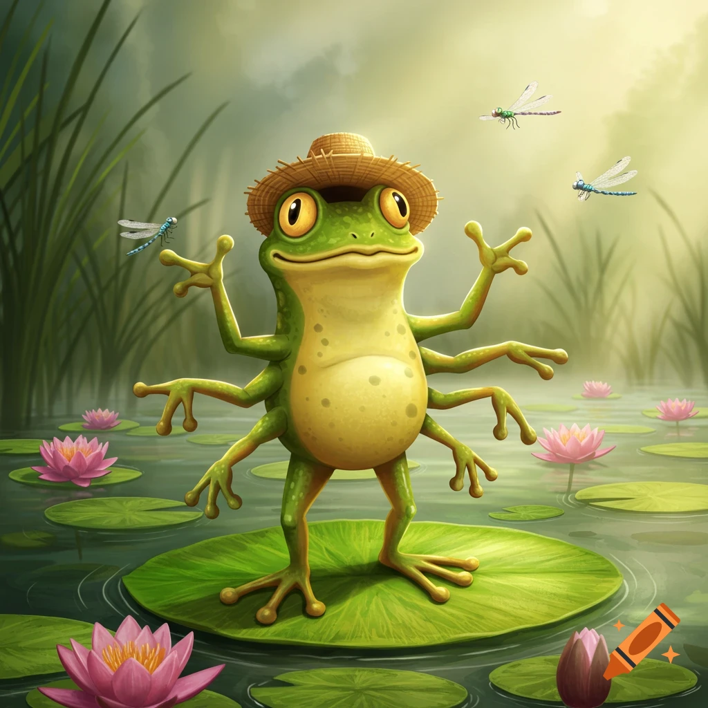 A cartoon multi-limbed frog wearing a straw hat stands on a lily pad in a pond, surrounded by other lily pads, pink water lilies, and dragonflies.