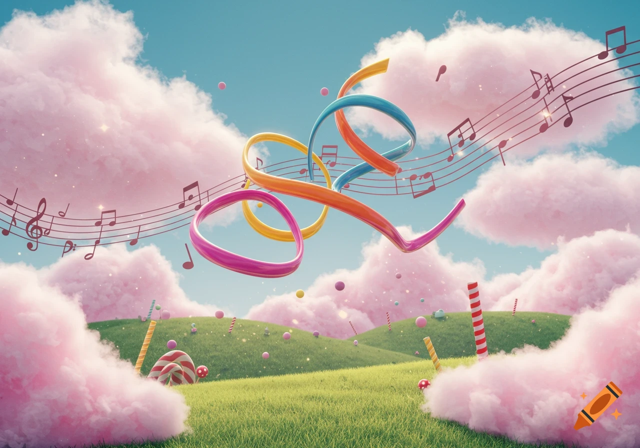 A whimsical landscape with pink cotton candy clouds, green hills dotted with candies, and colorful swirling ribbons with musical notes floating under a blue sky.