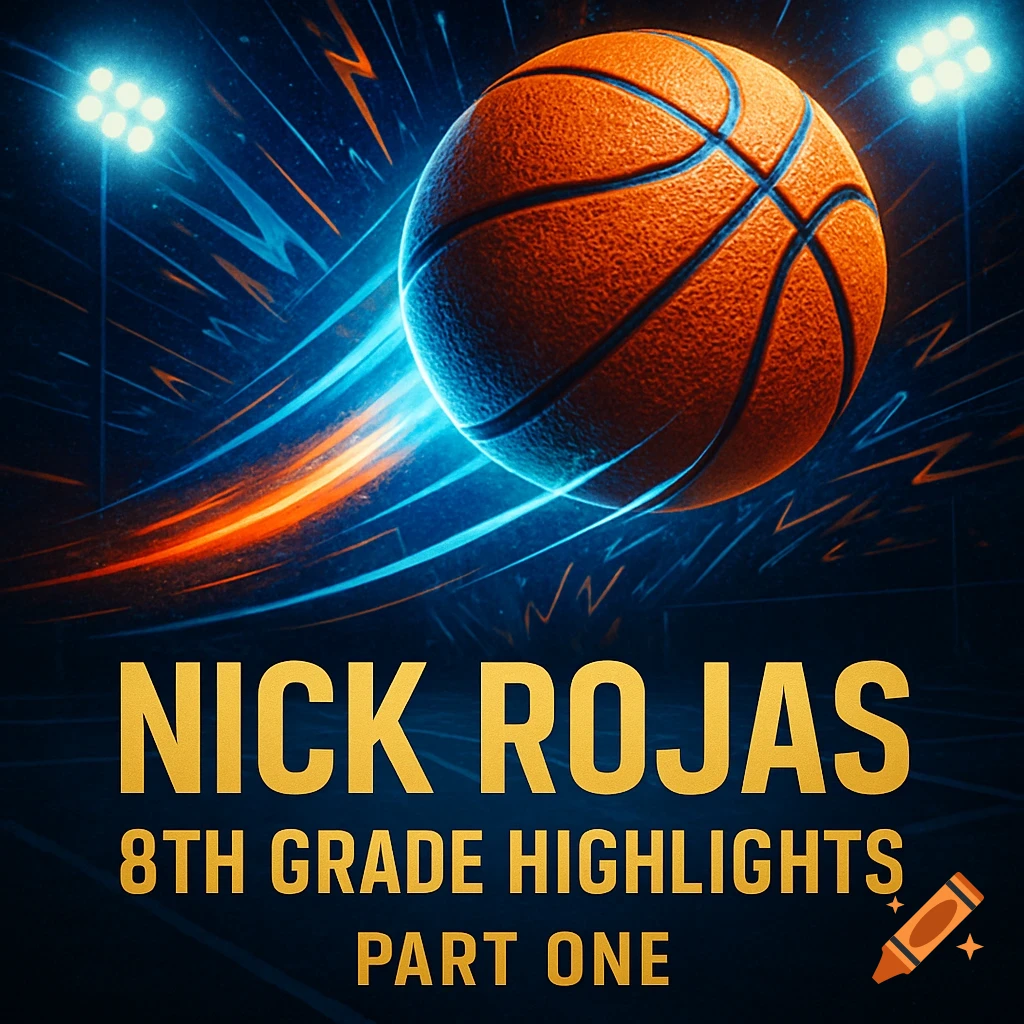 A basketball with glowing trails flies across a dark court with stadium lights. Text: NICK ROJAS 8TH GRADE HIGHLIGHTS PART ONE.