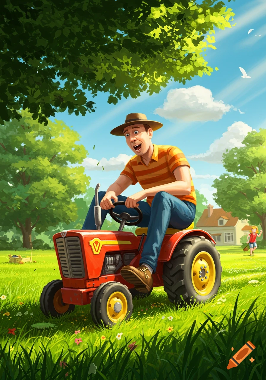 A man in a straw hat and striped shirt rides a red tractor through a grassy field, with a house and trees in the background.