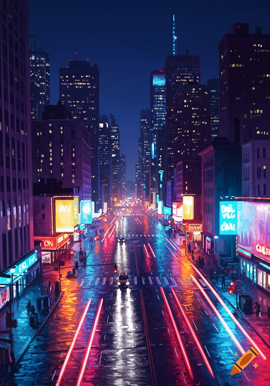A vibrant, rain-slicked city street at night, illuminated by neon signs and the light trails of cars.