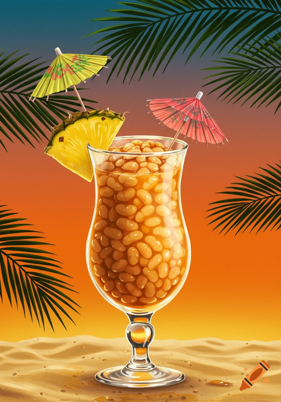 A cocktail glass filled with baked beans, garnished with pineapple and umbrellas, on a sandy beach at sunset with palm fronds.
