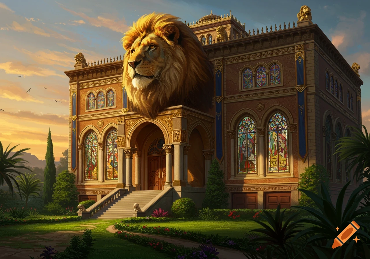 A majestic, gilded building with a massive lion's head emerging from its facade, set in a lush garden under a sunset sky.