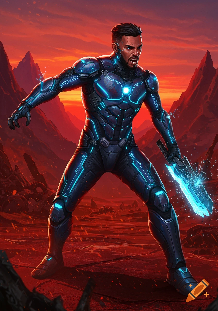 A man in a futuristic blue and black armored suit holds a glowing sword on a fiery red alien planet.