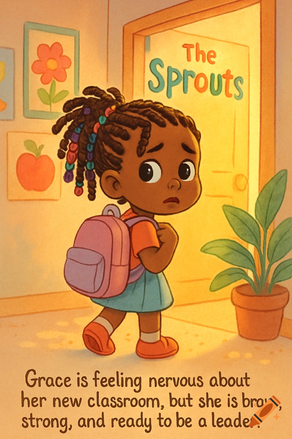 A nervous Black girl with colorful dreads and a pink backpack stands at the entrance to a classroom called "The Sprouts." Text at the bottom reads: "Grace is feeling nervous about her new classroom, but she is brave, strong, and ready to be a leader!" Cartoon style.