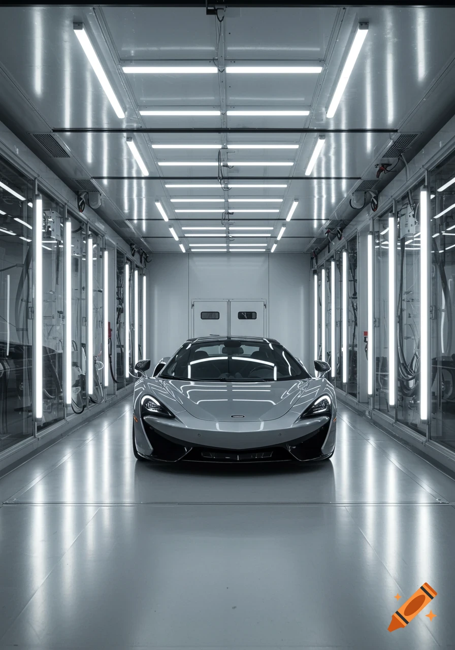 A sleek grey McLaren sports car centered in a brightly lit, sterile white room with reflective floors and walls.