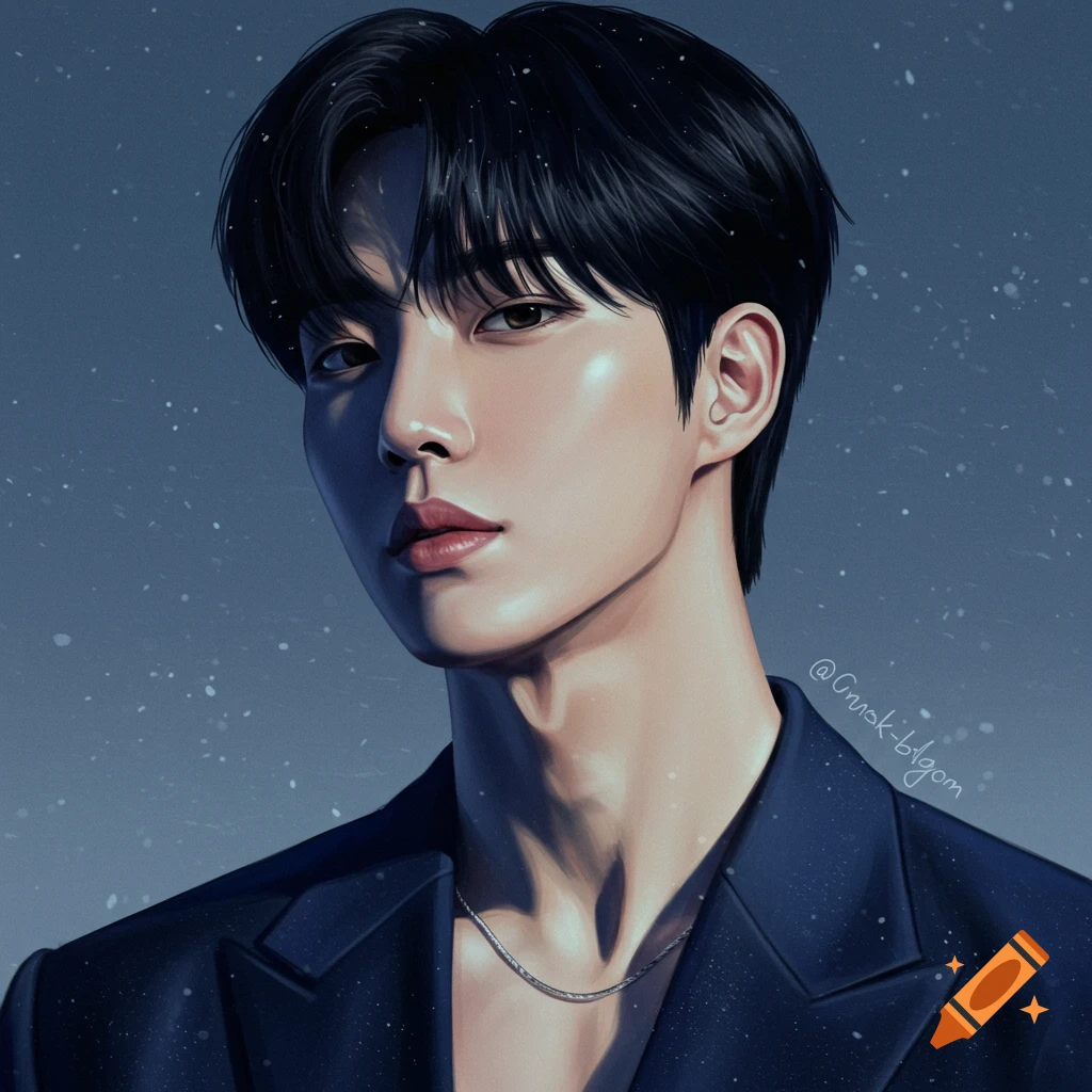 Digital portrait of a dreamy young Korean man with black hair, sharp jawline, dark suit, and silver chain, against a soft blue background.