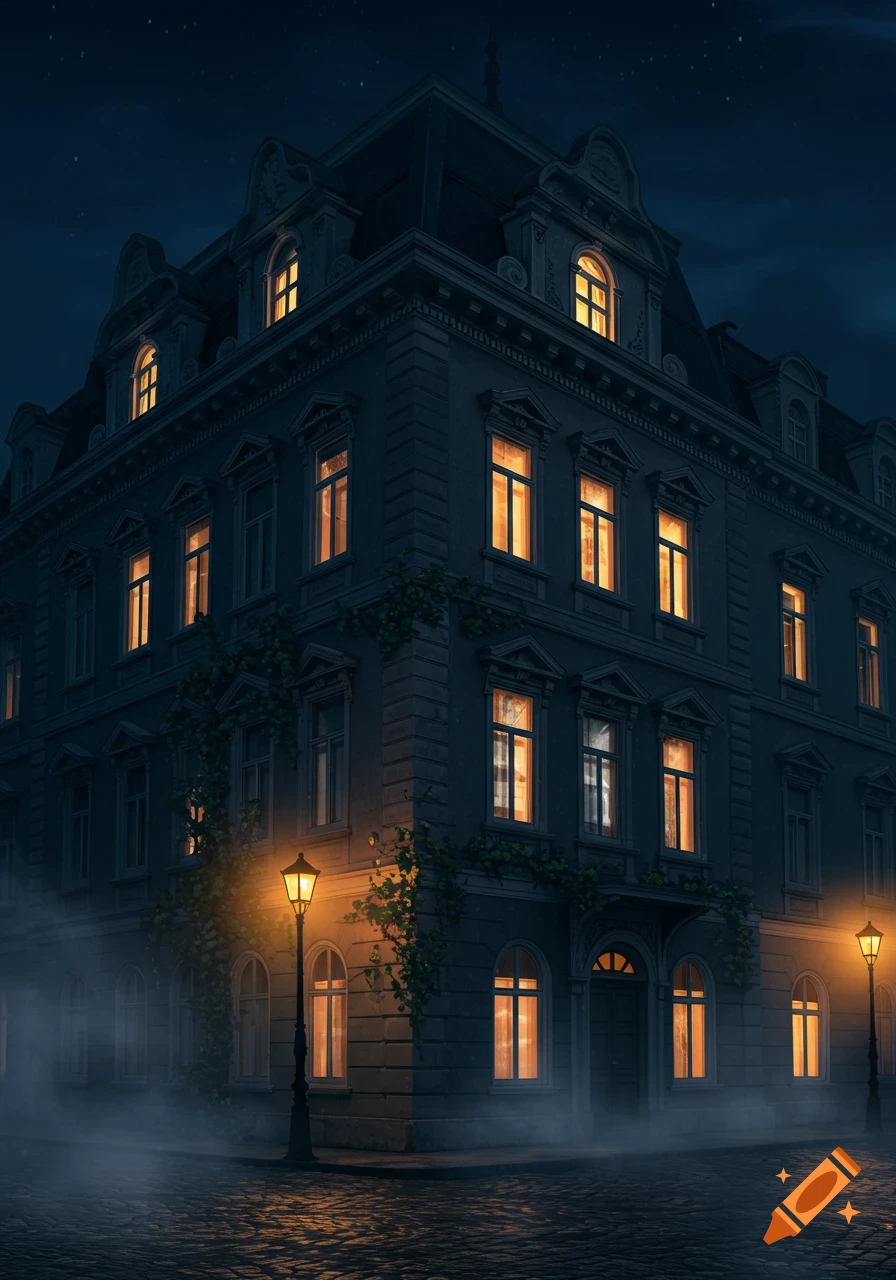 A grand building with glowing windows stands on a foggy, cobblestone street at night, illuminated by street lamps.