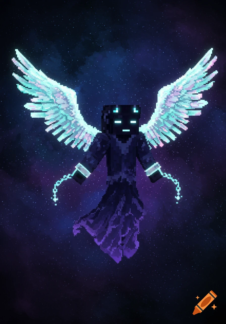 A pixel art Minecraft-style Void angel with glowing blue eyes, luminous wings, and pixelated shackles, against a starry galaxy.