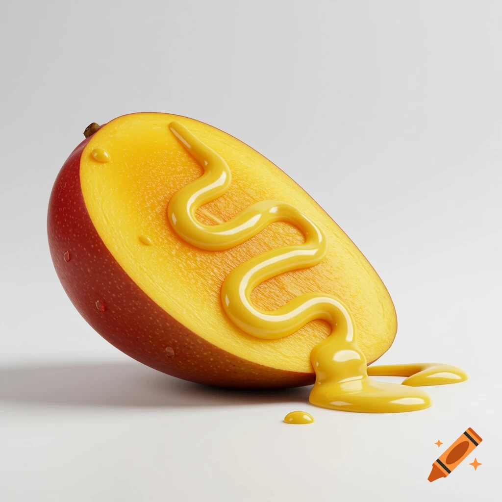 A photorealistic image of a half-cut mango drizzled with yellow mustard on a white background.