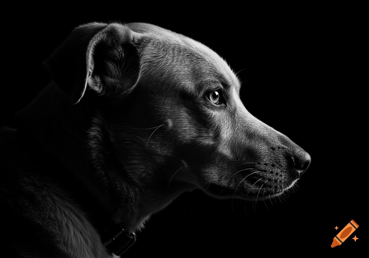 High-contrast black and white close-up profile portrait of a dog against a black background.