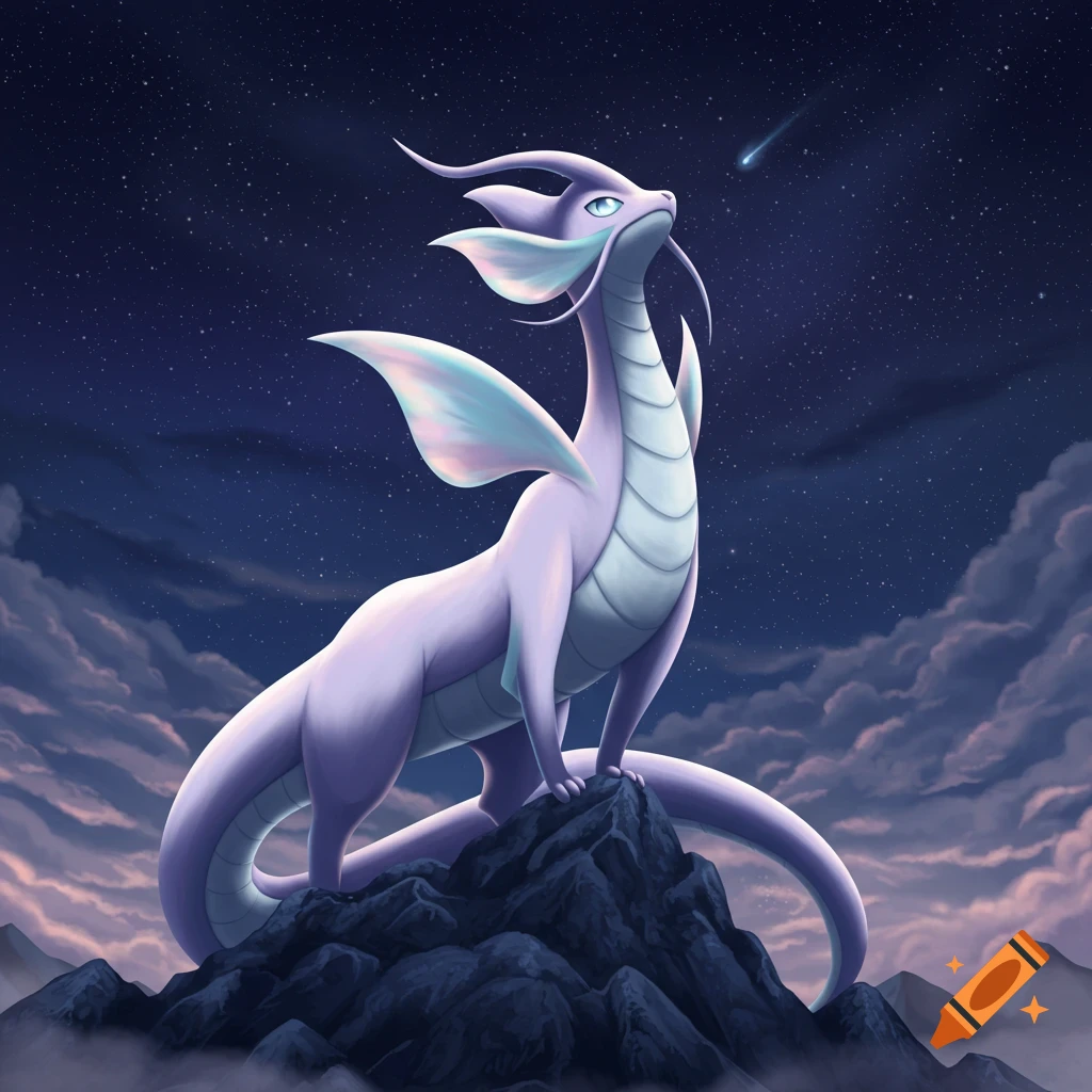 A majestic, elegant dragon-type Pok emon evolution named Draconeon with lilac and silver scales stands on a mountain under a starry night sky with a glowing comet.