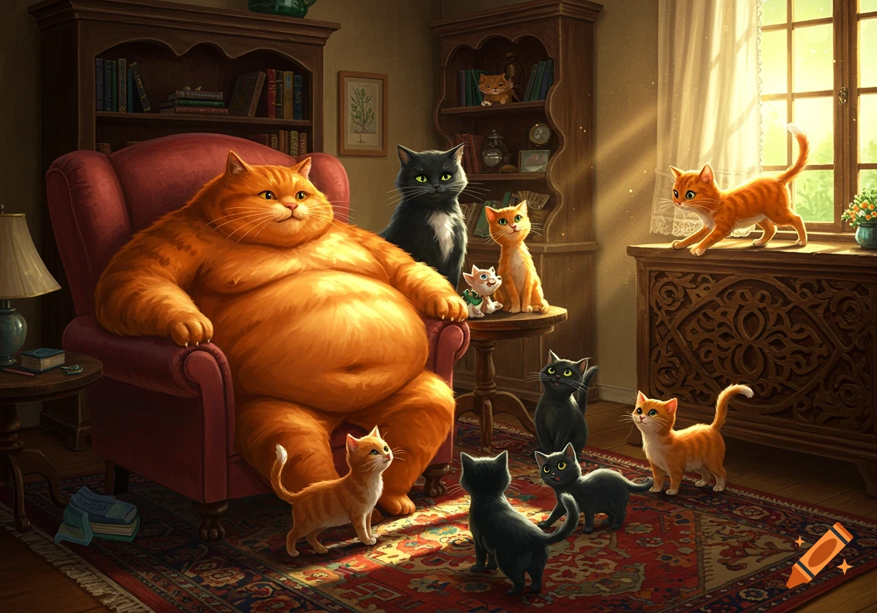 An extremely fat orange cat sits on a red armchair, surrounded by smaller black and orange cats in a sunlit, cozy room.