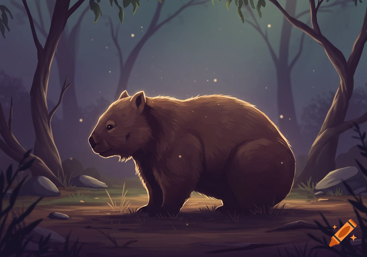An illustrated brown wombat stands in a dark forest with trees and glowing specks.