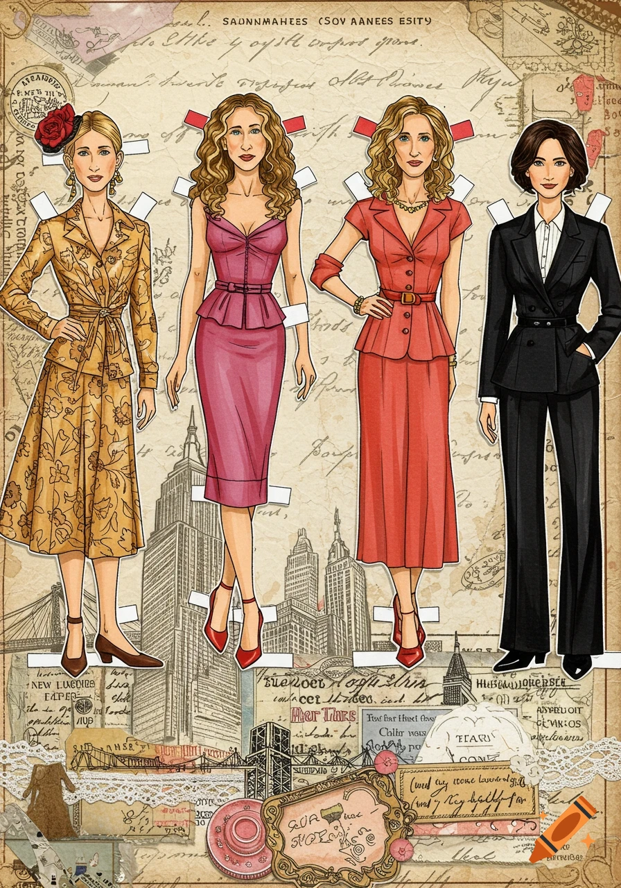 Four women depicted as paper dolls with different outfits and cutout tabs, against a vintage-style collage background with buildings and illegible text.