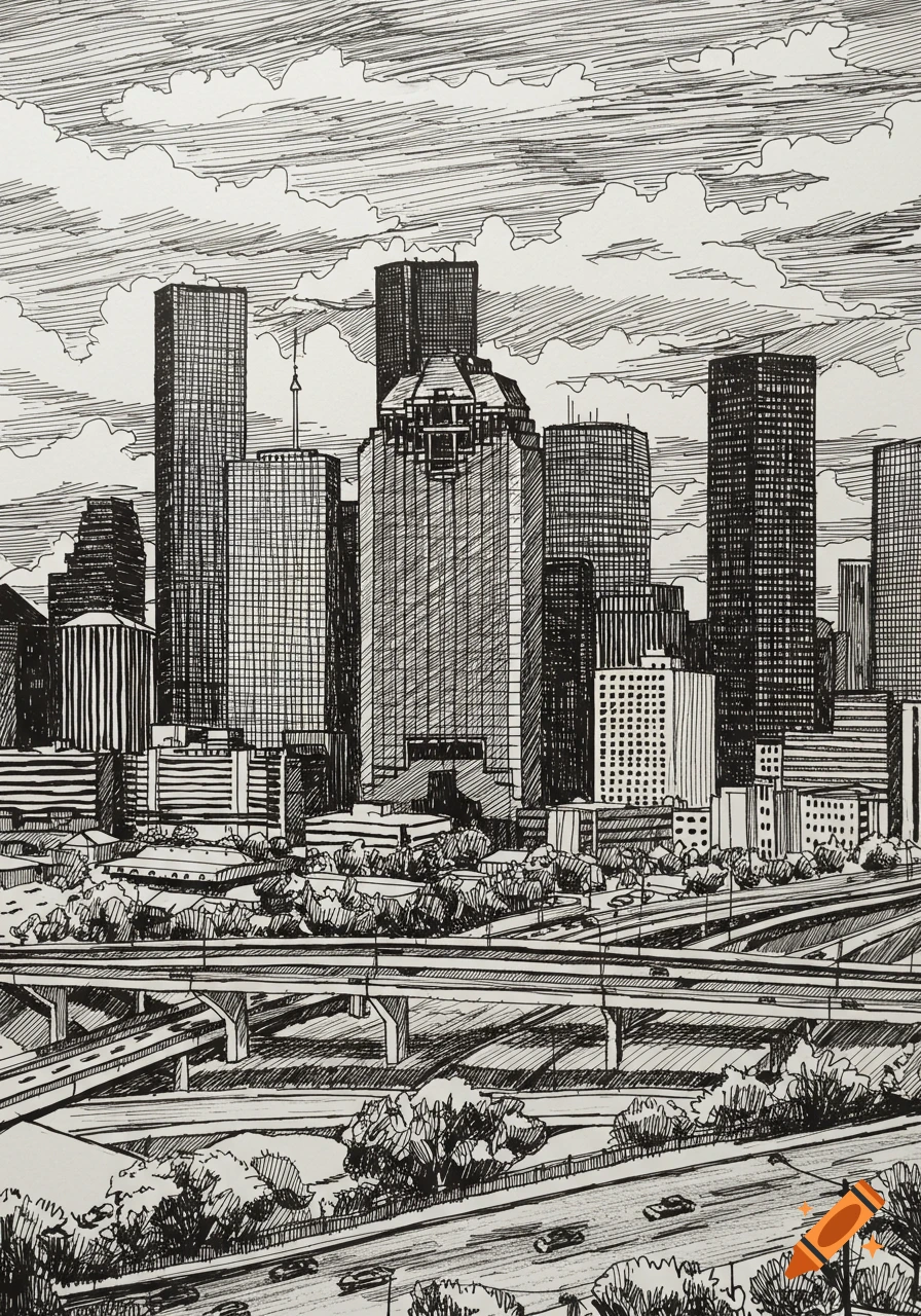 Black and white drawing of the Houston Texas city skyline with a multi-lane highway system in the foreground.
