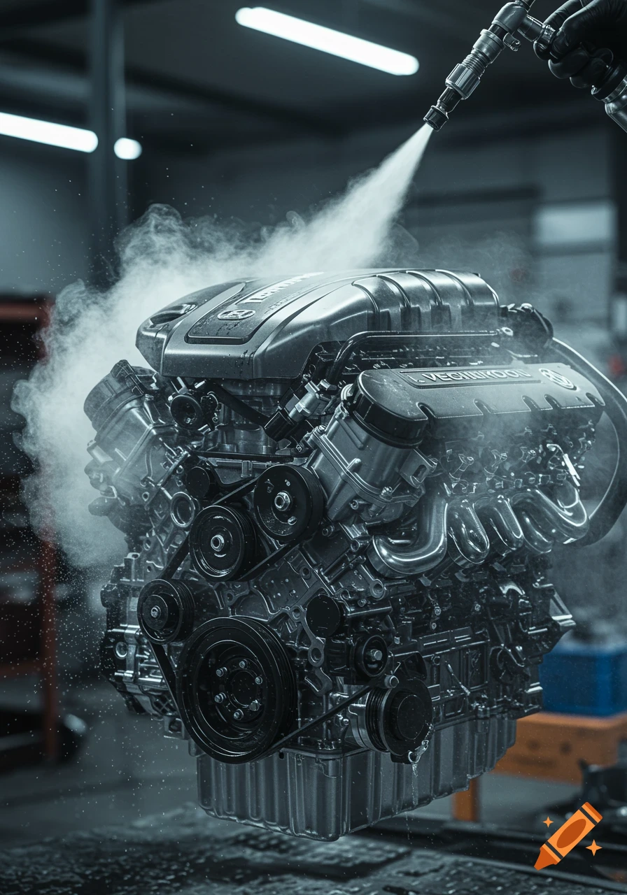 A photorealistic close-up of a dark metal car engine being cleaned with a high-pressure water spray, producing a cloud of steam.