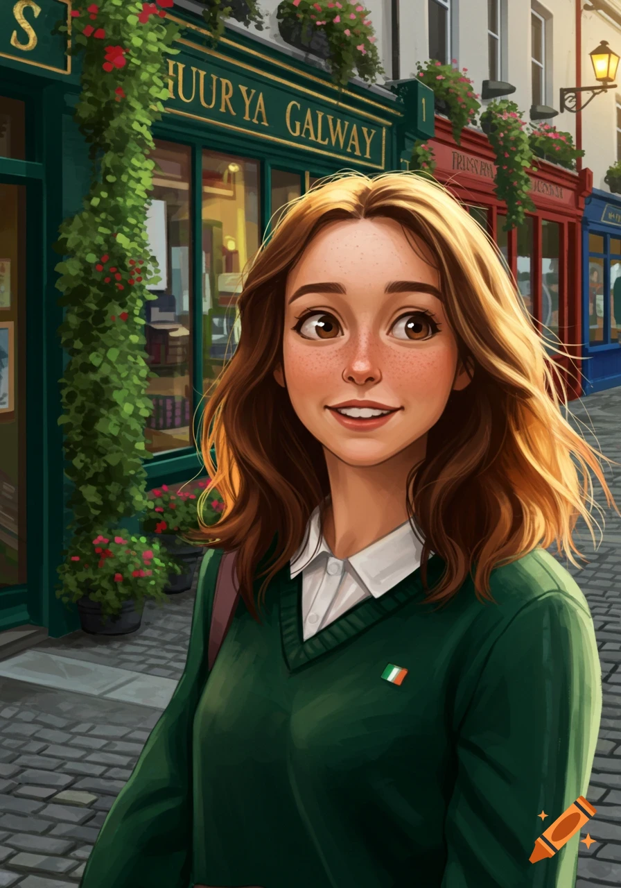 An illustration of a lively, freckled, brown-haired girl in a green sweater with an Irish flag pin, smiling on a street with shopfronts and ivy.