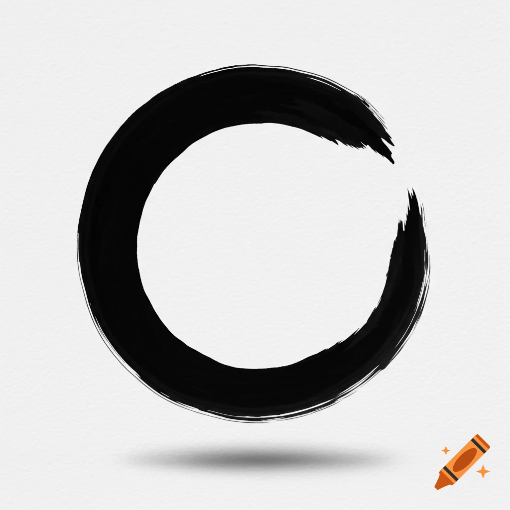 A black brushstroke forms an open circle (enso) on textured white paper.