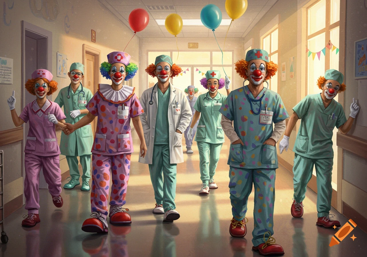 Clown nurses and doctors walk down a hospital hallway with balloons.