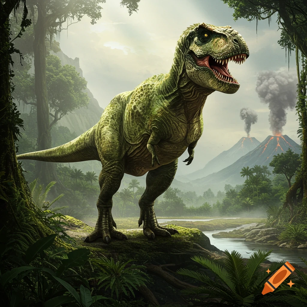 A photorealistic T-Rex dinosaur stands on a mossy rock in a lush prehistoric jungle with erupting volcanoes in the background and a river flowing.