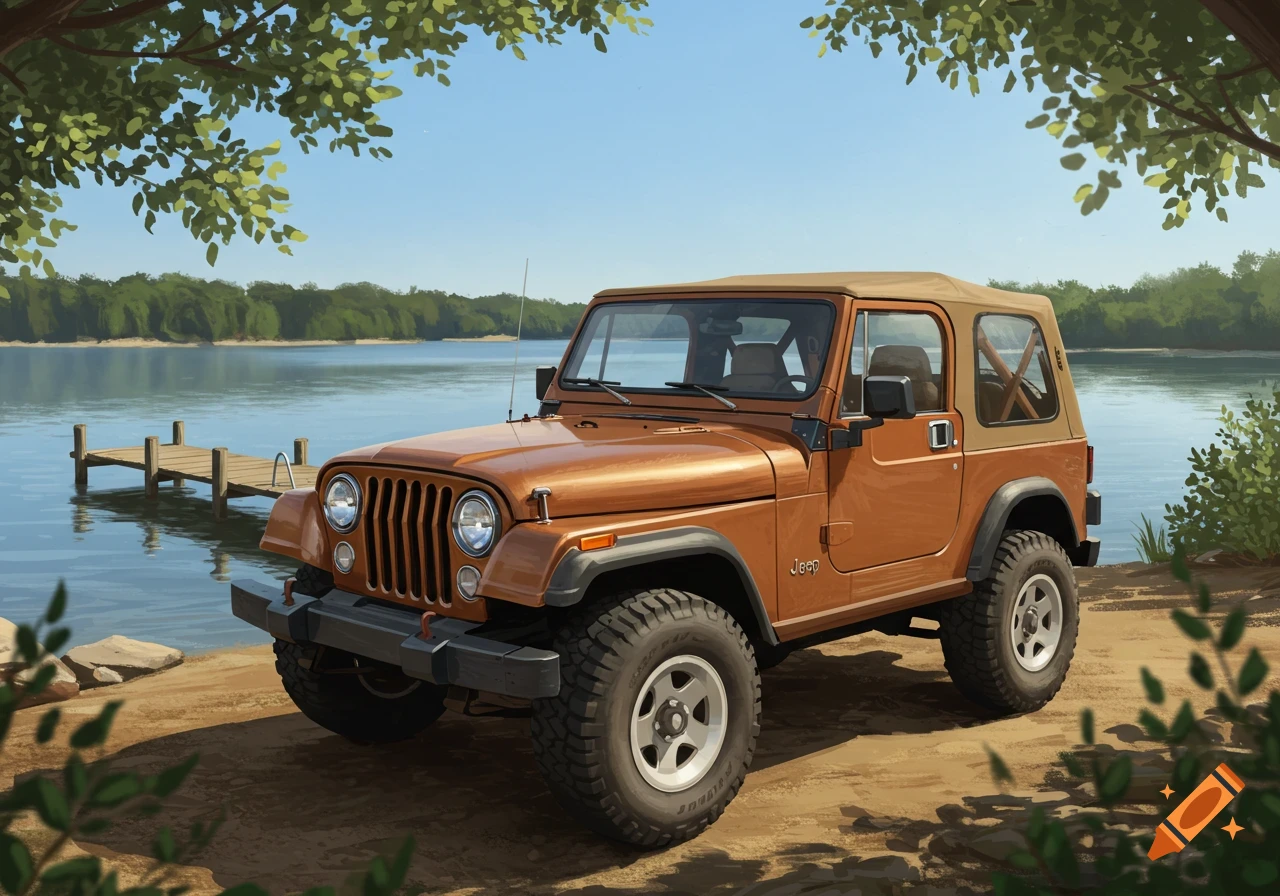 A brown Jeep Wrangler with a tan soft top parked on a dirt path by a lake with a wooden dock and trees.