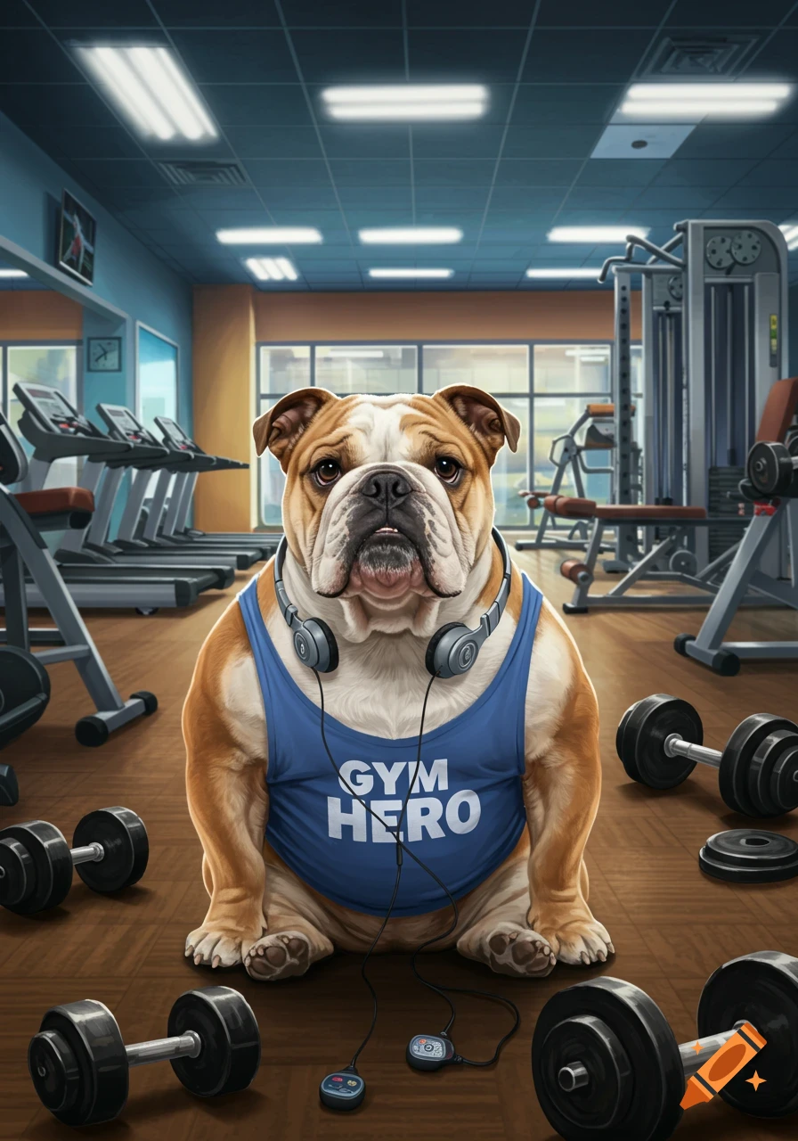 An English bulldog wearing a blue "GYM HERO" tank top and headphones sits in a gym surrounded by dumbbells in a stylized illustration.
