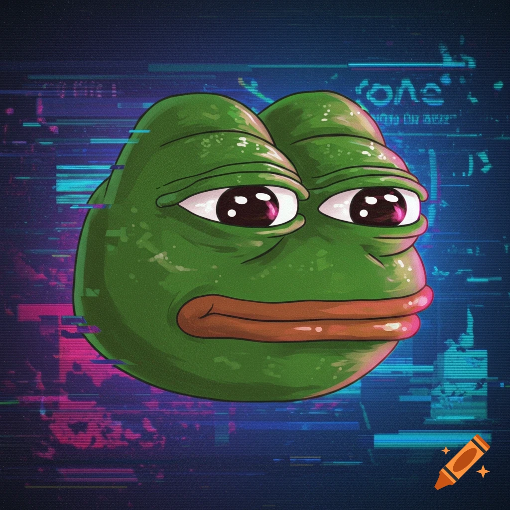 A stylized green Pepe the Frog face with large eyes and lips, set against a dark blue background with purple and teal glitch art effects.