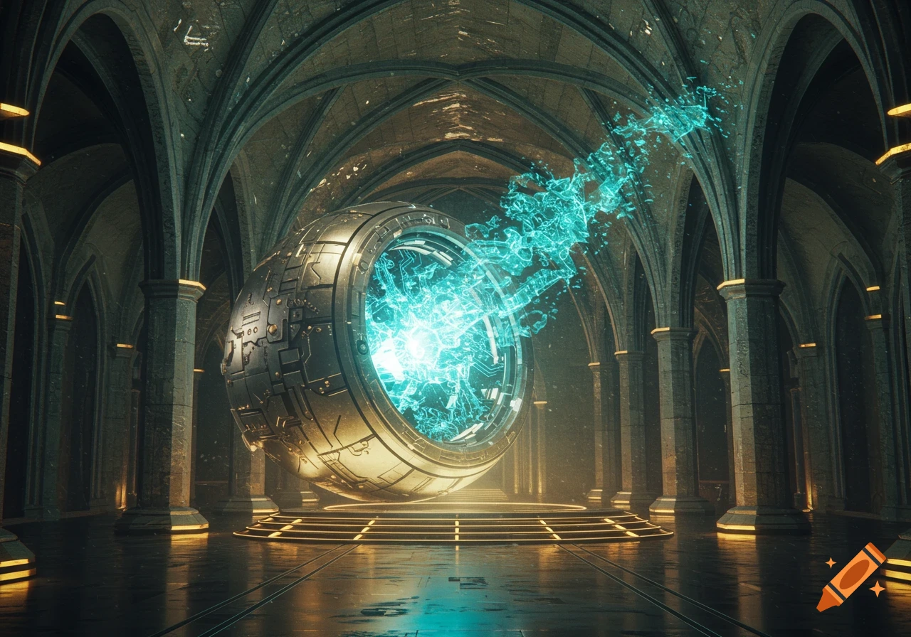 A photorealistic scene of a large, futuristic silver orb emitting a glowing blue-green beam within a grand, gothic cyber-cathedral.