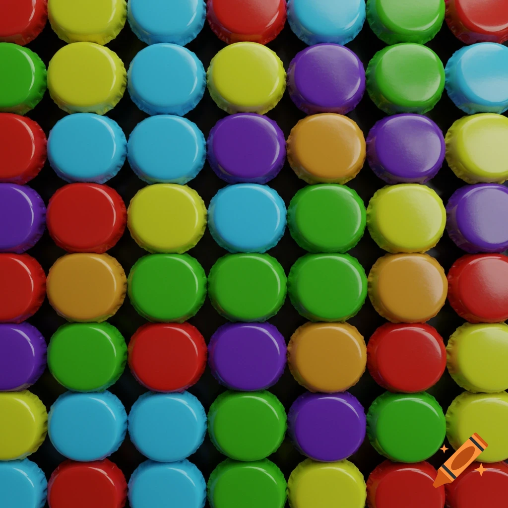 Close-up top-down view of colorful bottle caps in red, orange, yellow, green, blue, and purple, arranged in a grid pattern.