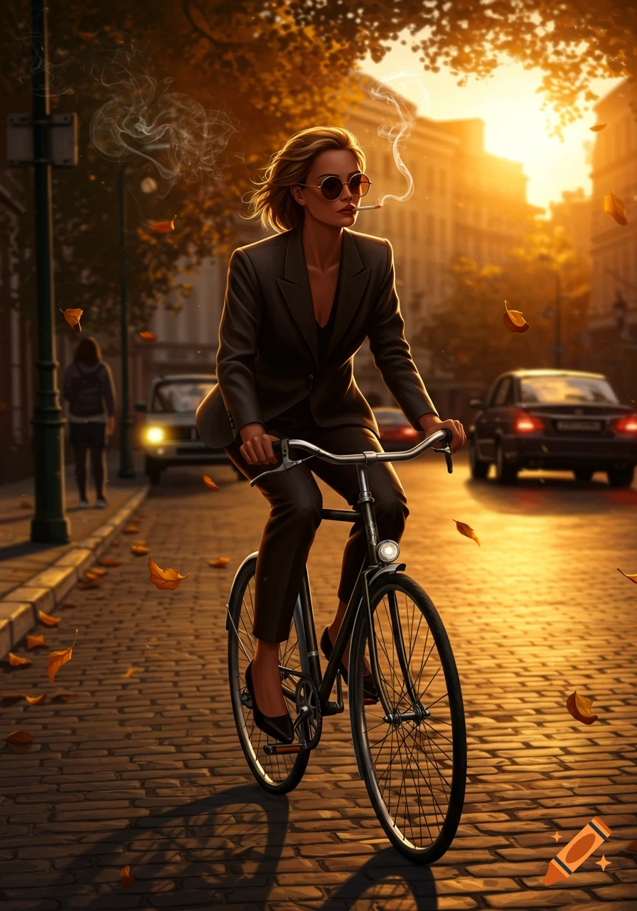 A woman in a suit rides a bicycle and smokes a cigarette on a cobblestone street at sunset with autumn leaves falling.