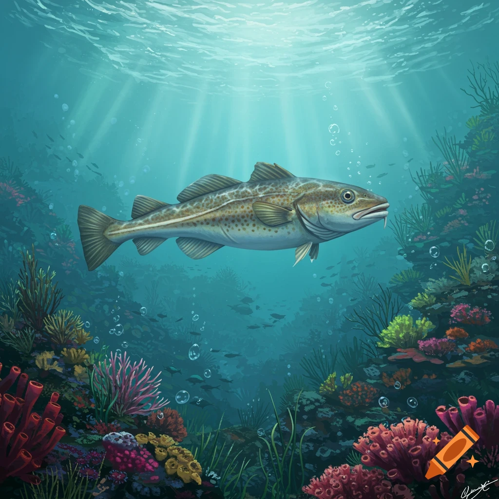 A detailed illustration of a cod fish swimming in a vibrant coral reef with sun rays shining through the water.