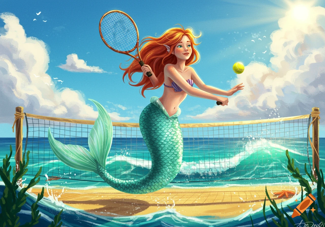 A cartoon mermaid with red hair and a green tail plays tennis on a sunny beach, holding a racket with a tennis ball in the air over a net in the ocean.