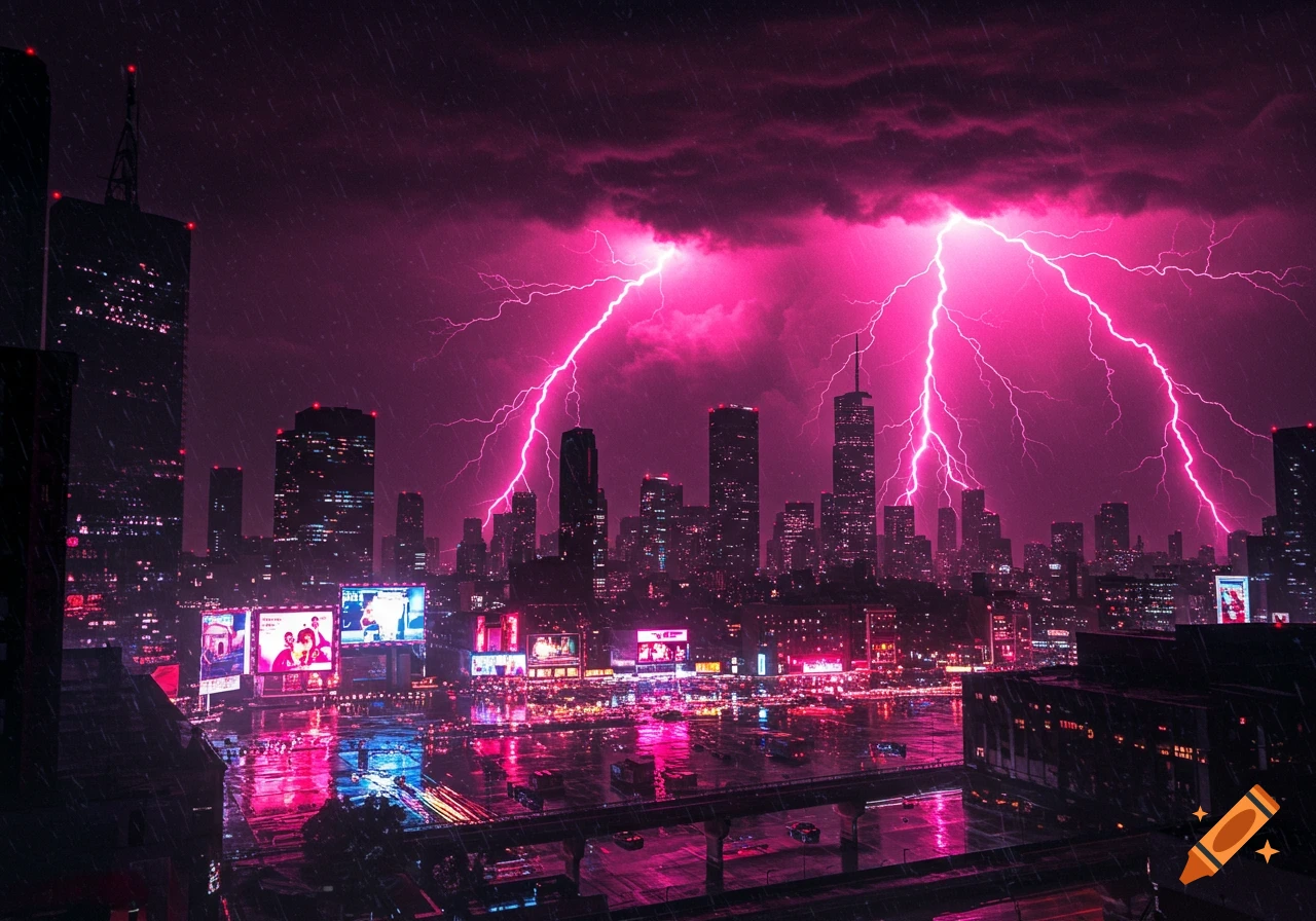A vibrant cyberpunk cityscape at night, illuminated by hot pink lightning during a thunderstorm with wet streets.