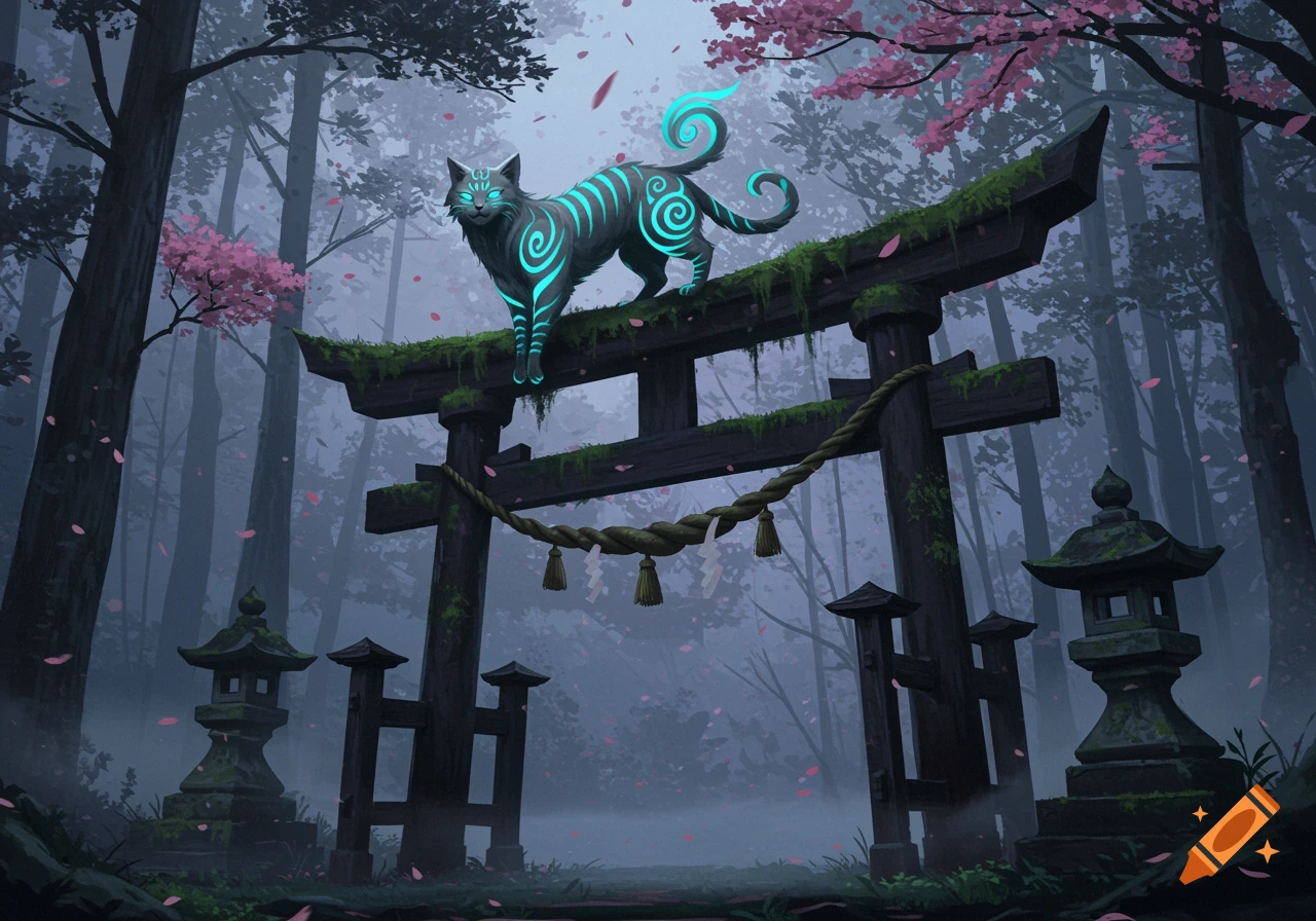 A mystical glowing cat with blue stripes stands on a torii gate in a misty dark forest with cherry blossoms and stone lanterns.