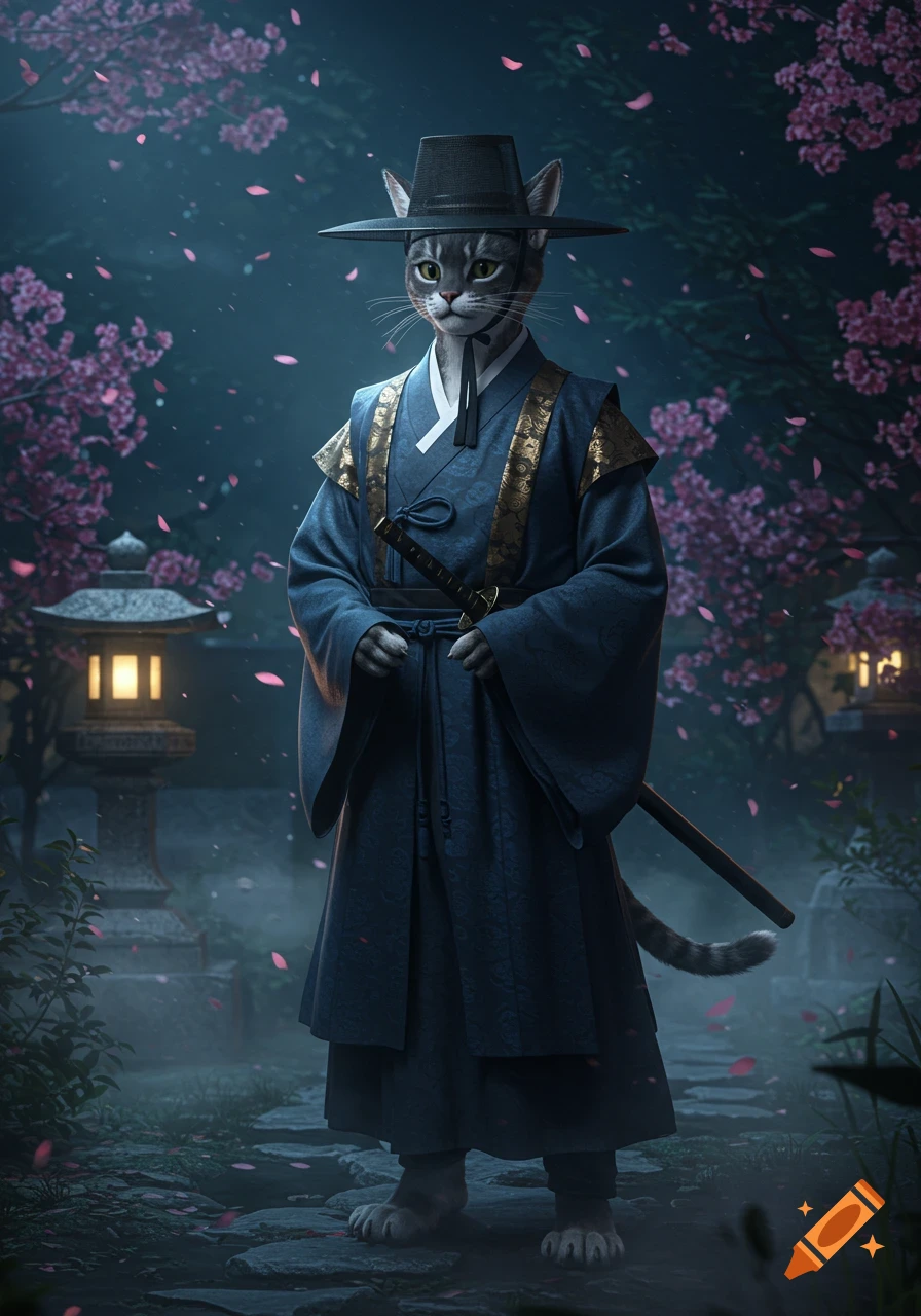 A photorealistic humanoid cat wearing a Korean gat hat and a blue samurai-style robe, holding a katana in a cherry blossom garden.