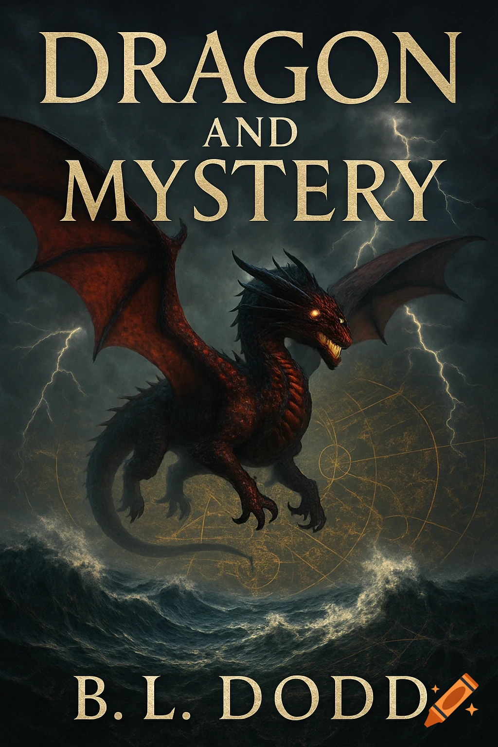 An epic dark fantasy book cover showing a red and black dragon with glowing eyes soaring over a stormy sea with lightning and subtle magical symbols. Text reads 'DRAGON AND MYSTERY' by 'B.L. DODD'.