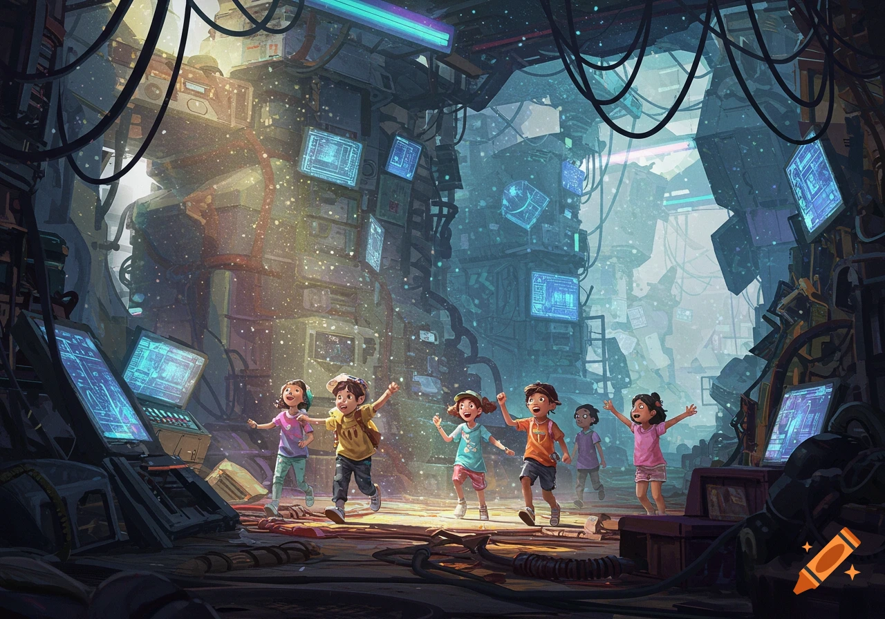 A group of cheerful children explore a vibrant, cluttered high-tech junkyard filled with glowing screens and wires.