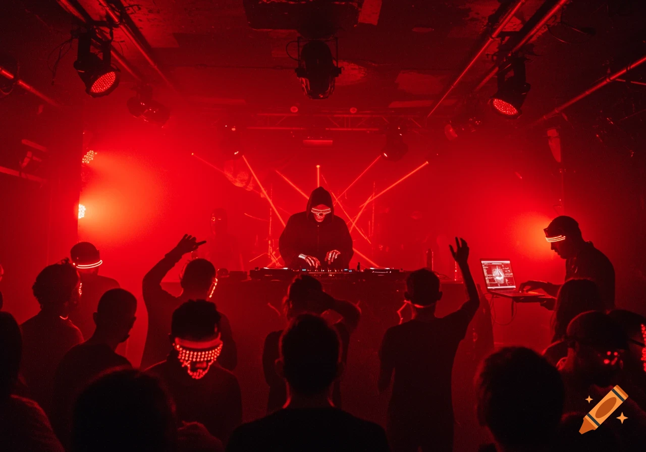 A dimly lit, fog-drenched rave bathed in red light, with a hooded DJ wearing a skull mask and people with glowing visors dancing.