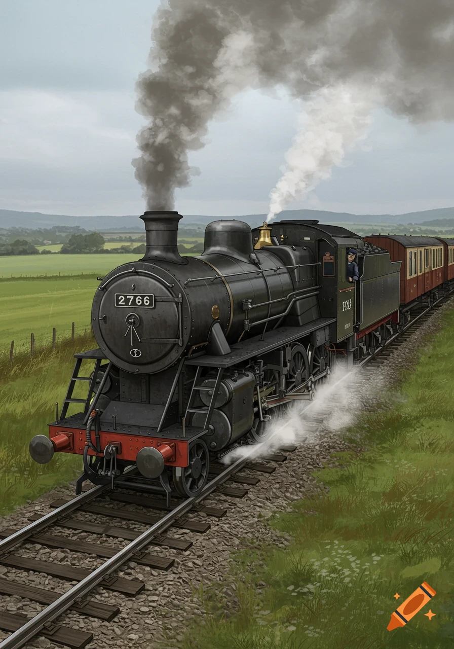 A black steam locomotive with the number 2766 on its front pulls passenger cars through a green rural landscape under a cloudy sky, with smoke billowing from its chimney.